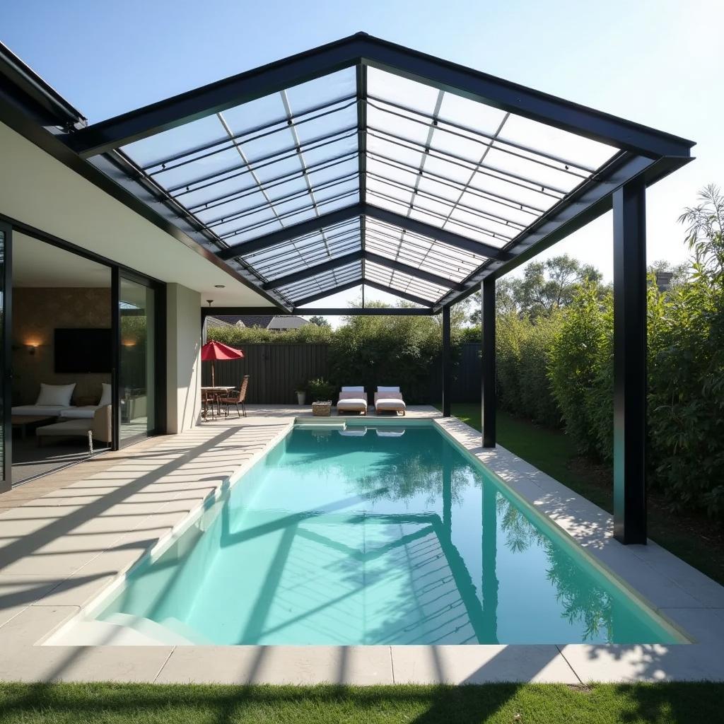 Mẫu mái che hồ bơi bằng tấm polycarbonate hiện đại cho nhà phố